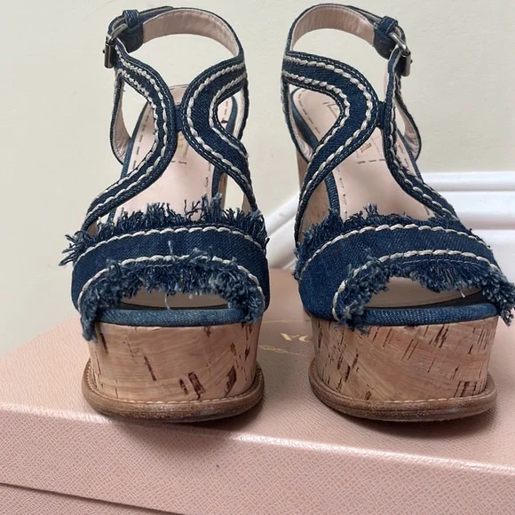 Prada | Denim Fringe Cork Wedges Size 37 Blue White Stitched - Picture 8 of 12